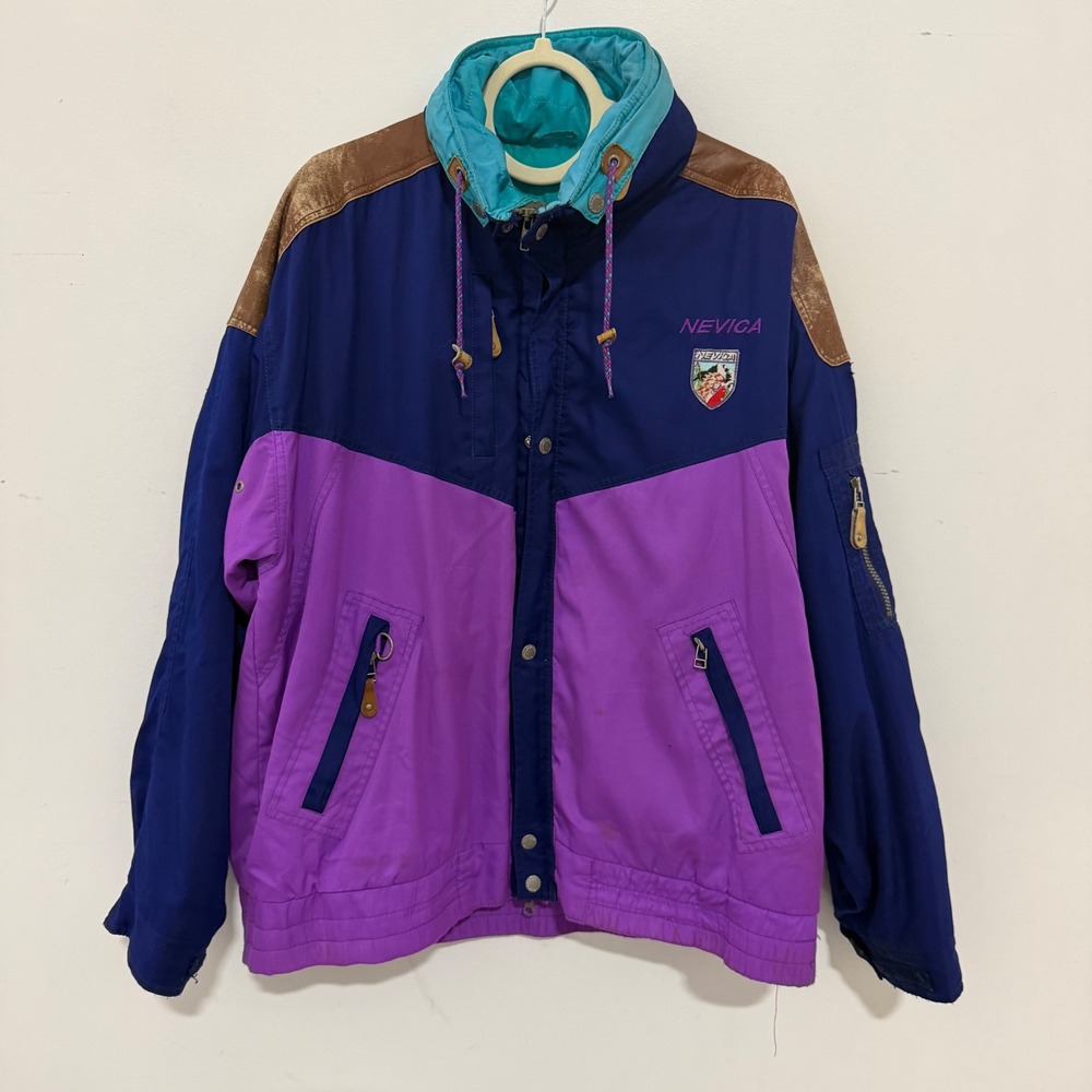 Vintage Nevica Ski Jacket Mens 42 Purple Navy Blue Colorblock Retro 90s Coat
